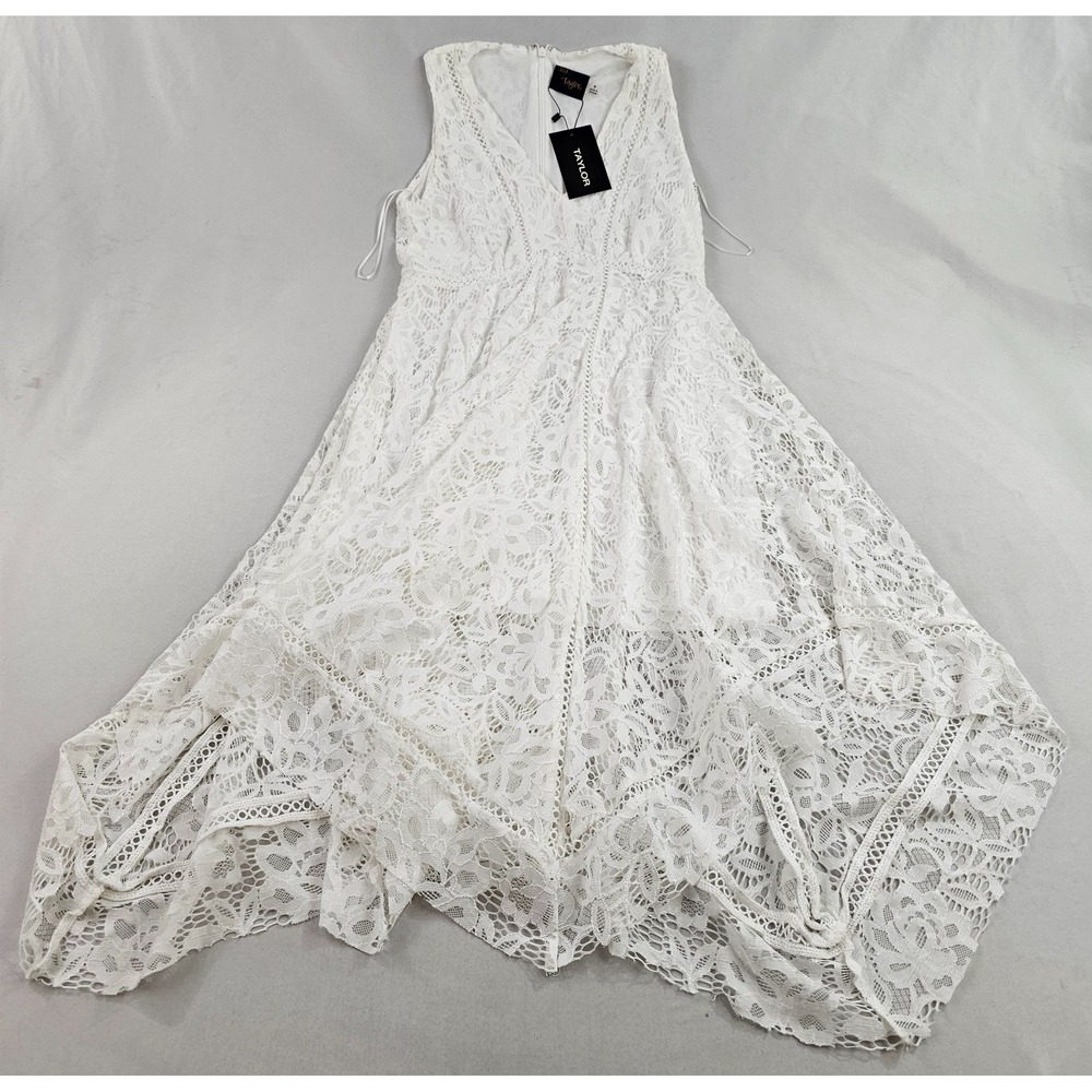 Just Taylor White Lace V-Neck Fit & Flare Dress Womens 6 4216MMX Handkerchief